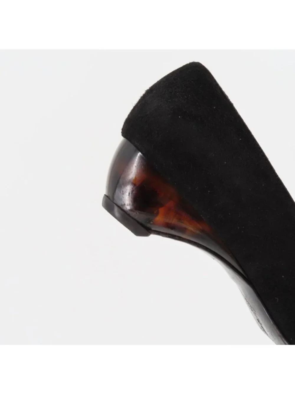 Salvatore Ferragamo 7.5 B Black Suede Tortoise Shell Design Heel Round Toe Italy